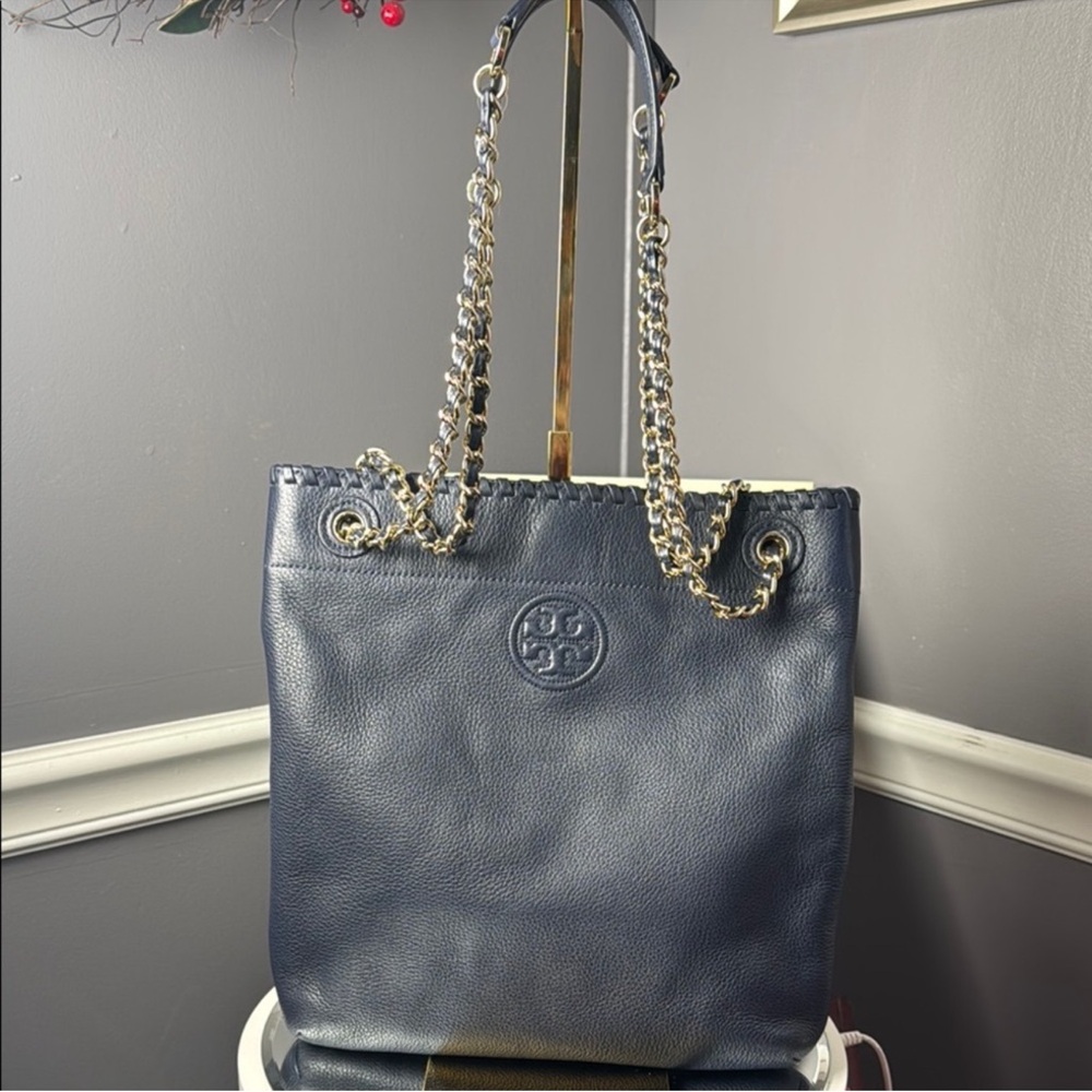 EUC Tory Burch Navy Blue Pebbled Leather Tote Bag